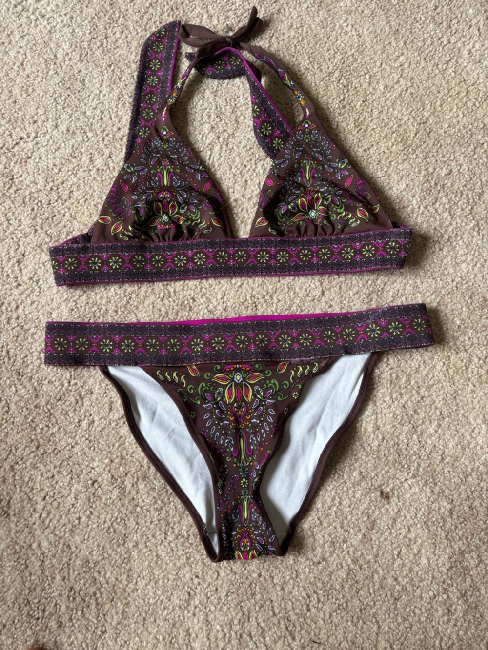 Victoria's Secret Brown Bikini with Pink and Green Paisley Trim